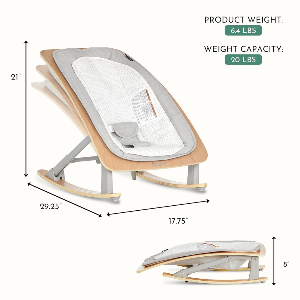 Evolur Tory 2-in-1 Baby Bouncer Rocker Chair, Portable Easy Folding Adjustable Bouncer, No Assembly, One-Hand Fold Newborn Bouncer, 3 Recline Levels, Removable Wooden Toy Bar - Light Gray