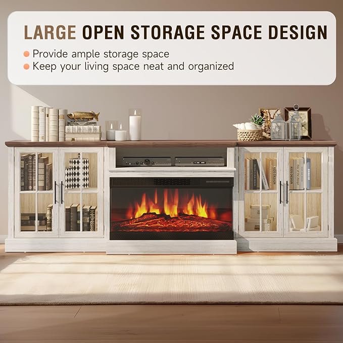 98" Farmhouse TV Stand with 36" Fireplace for Living Room,Media Entertainment Center with Adjustable Shelves and Large Storage Cabinets, White TV Stand for TVs up to 100", White
