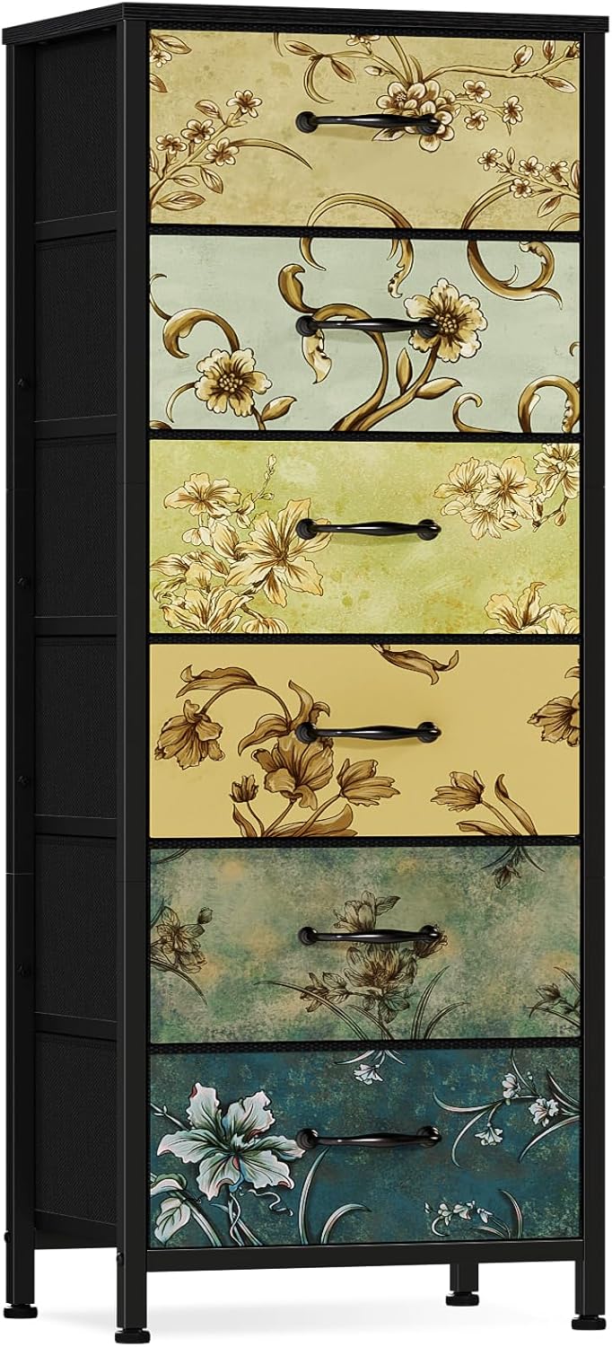 Furnulem Tall 6 Drawers Dresser for Bedroom, Vintage Storage Organizer Unit | Tall Nightstand with Fabric Drawers, Retro Floral Pattern, Skinny Dresser for Closet, Dorm, Entryway, Metal Frame, Wood Top