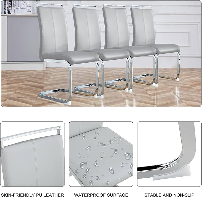 AZmac Modern Leather Dining Chairs Set of 8,Armless Kitchen Chairs,Dining Room Chairs with Upholstered Padded Seat and Sturdy Chrome Legs for Dining Room,Kitchen (Set of 8, Warm Grey)