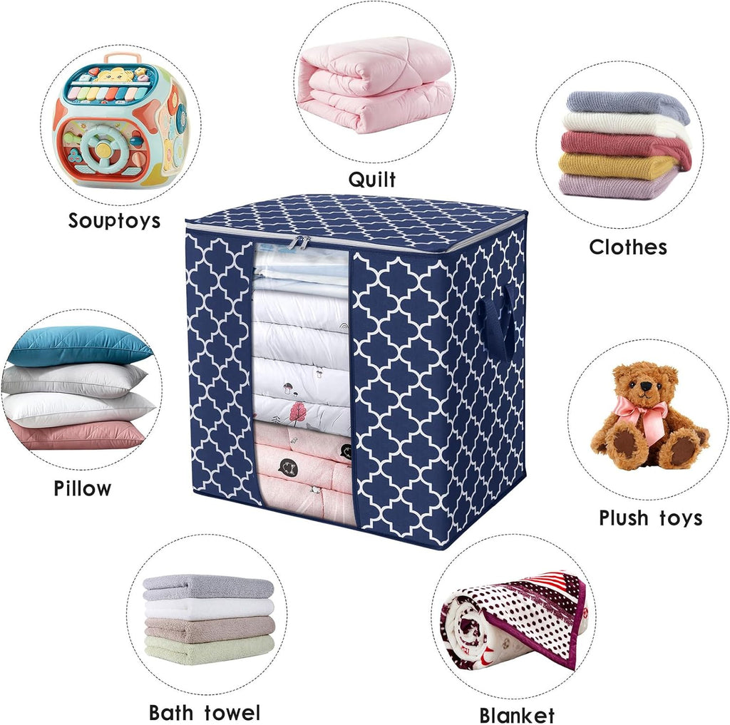 WISELIFE Storage Bags 2 Pack/100L Large Blanket Clothes Organization and Storage Containers for Comforters,Bedding, Foldable Organizer with Reinforced Handle, Clear Window, Sturdy Zippers,Blue