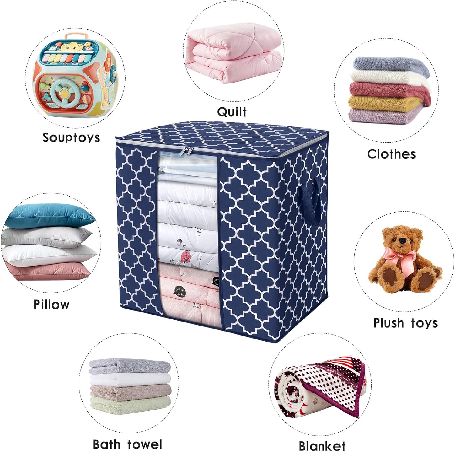 WISELIFE Storage Bags 4 Pack/100L Large Blanket Clothes Organization and Storage Containers for Comforters,Bedding, Foldable Organizer with Reinforced Handle, Clear Window, Sturdy Zippers,Blue