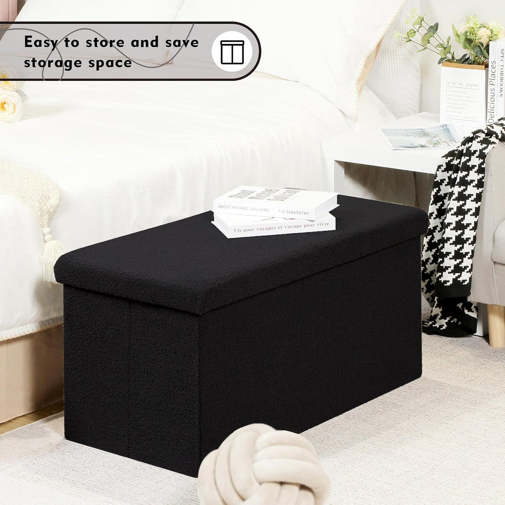 PINPLUS Folding Storage Ottoman Bench, Black Sherpa Ottoman for Living Room, ...