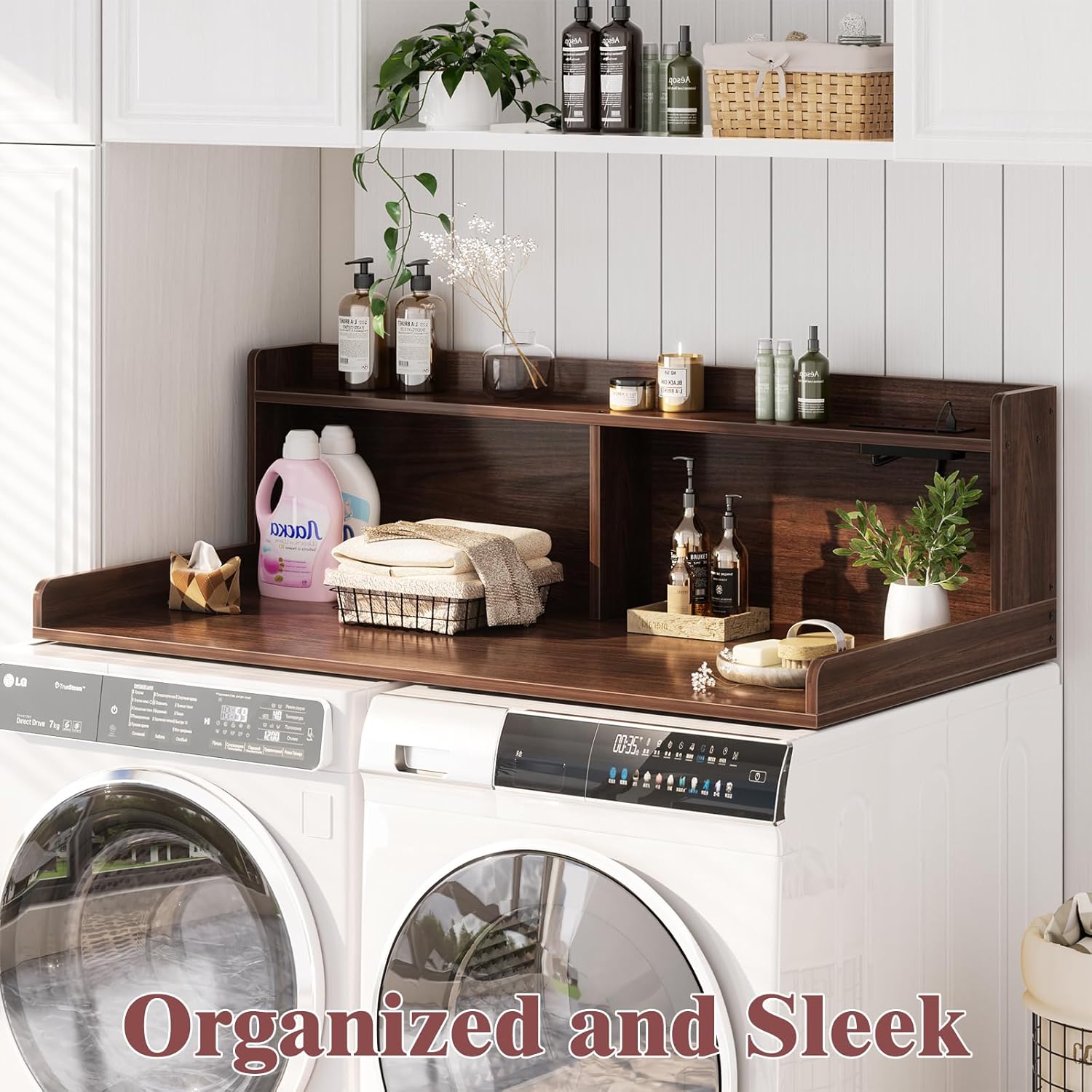Aheaplus Washer and Dryer Countertop, 2-Tier Laundry Countertop Cover with LED Lights and Power Strip, Large Space Laundry Topper with Shelf for Laundry Room Organization, Brown