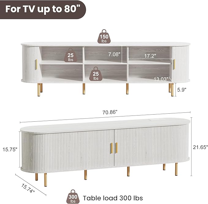 DHH 70.8 Inch Mid Century Modern TV Stand with Power Outlet for TVs up to 80 Inch, Entertainment Center with Storage and Adjustable Shelves, Media Console with Sliding Doors for Living Room(White)
