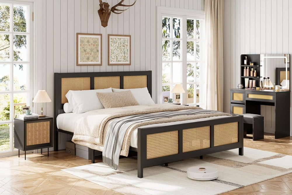 GarveeHome Rattan Full Size Bed Frame with Headboard, Black