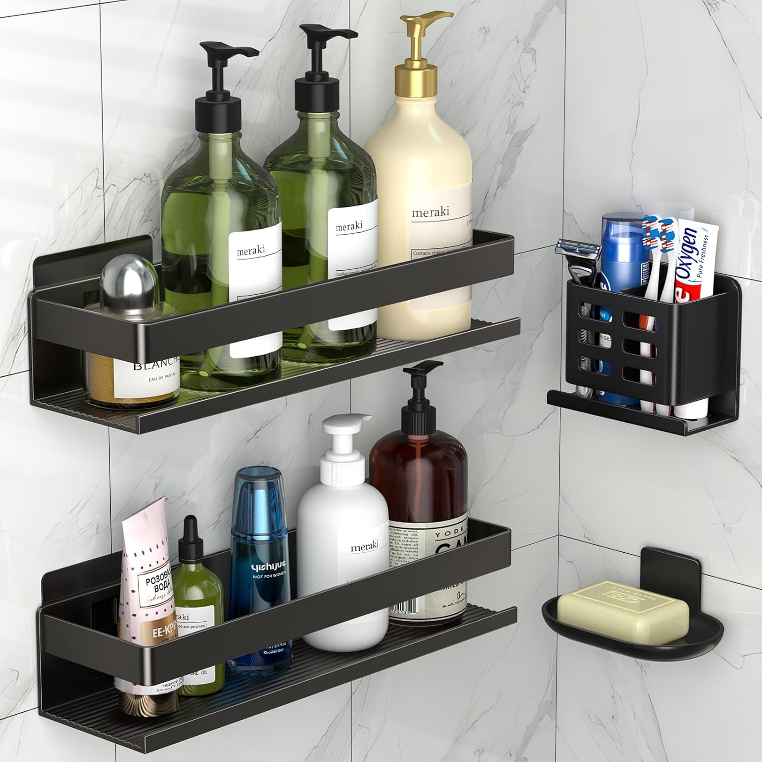 Shower Shelf 4 Pack - Bathroom Shower Shelf Rust-Proof Aluminum Adhesive Installation No Drilling Required, Suitable for Bathroom Storage and Home Decoration