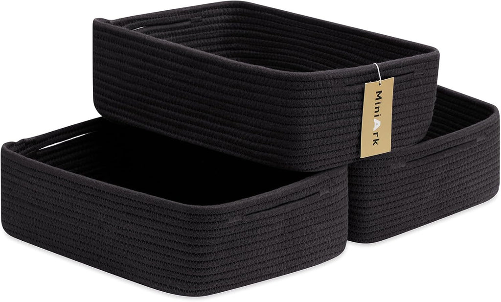 Large Shallow Organizing Baskets 15x11x5.1 Inches - Rope Woven Storage Bins for Bathroom, Shelves, Cube Closet, Black 3 Packs