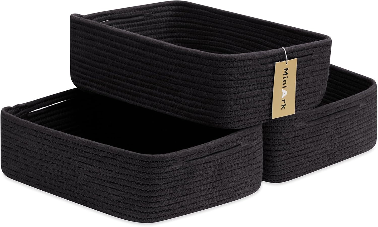 Large Shallow Organizing Baskets 15x11x5.1 Inches - Rope Woven Storage Bins for Bathroom, Shelves, Cube Closet, Black 3 Packs
