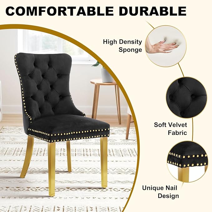 51 Inch Glass Dining Table Set for 4, Rectangular Glass Kitchen Table with 4 Upholstered Velvet Accent Chairs, 5 Piece Modern Dining Room Set, for Home, Apartment, Small Spaces - Black Gold