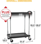 Metro myCart Plus Utility Cart - Choose-Your-Height Adjustable Heavy Duty Rolling Cart for Home, Commercial and Industrial Use - 2-Shelf, 300 lbs Capacity - 18.3" W x 31.5" L x 35.5-39.5" H - Black