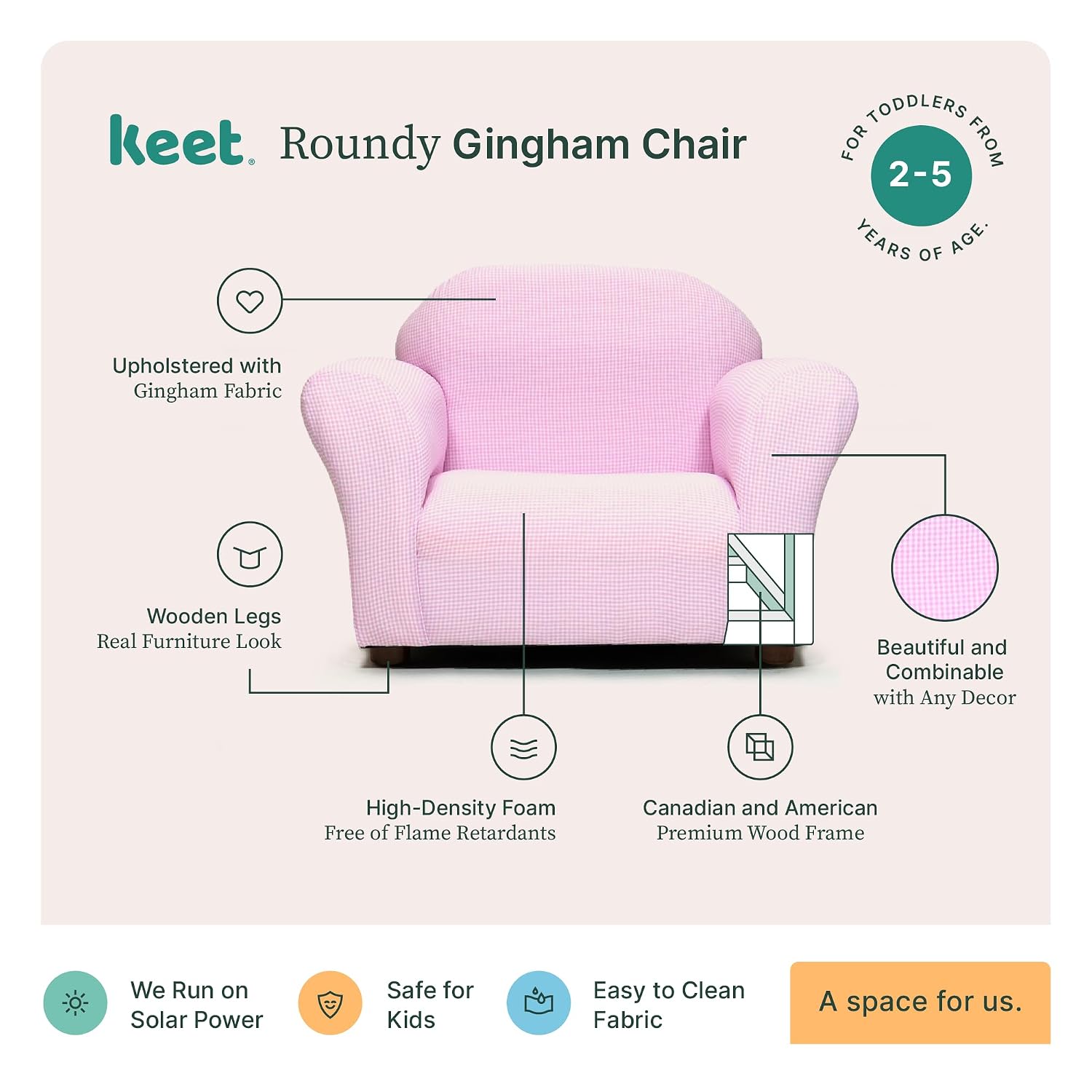 Keet Roundy Gingham Chair for Kids Upholstered Toddler Armchair for Ages 2–5, Sturdy Wooden Frame, Soft Durable Cotton Fabric, Lightweight, Fully Assembled, Ideal for Playrooms, Nurseries & Bedrooms.