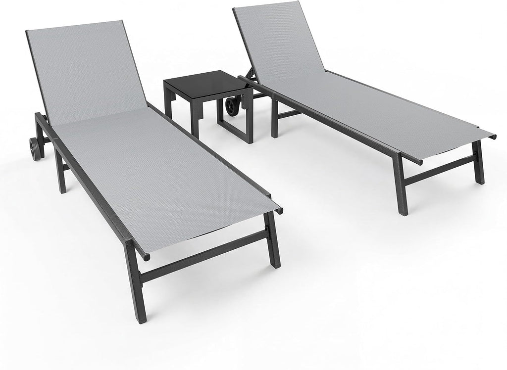 UDPATIO Outdoor Lounge Chairs Set of 2 with Side Table Poolside Chaise Lounge Chair with Wheels 5-Position Backrest Reclining Rust Free for Patio Deck
