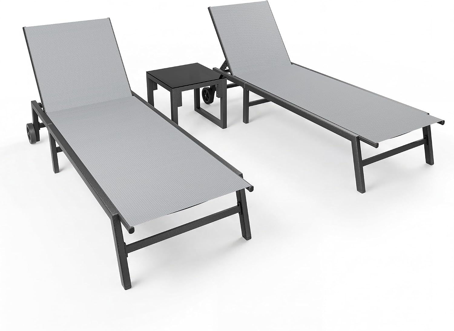UDPATIO Outdoor Lounge Chairs Set of 2 with Side Table Poolside Chaise Lounge Chair with Wheels 5-Position Backrest Reclining Rust Free for Patio Deck