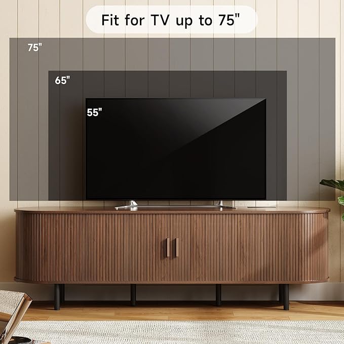 ONBRILL 70.8" TV Stand with Power Outlet for TVs up to 75 Inch, Entertainment Center with Storage and Adjustable Shelves, Modern Media Console with Sliding Doors for Living Room, Walnut