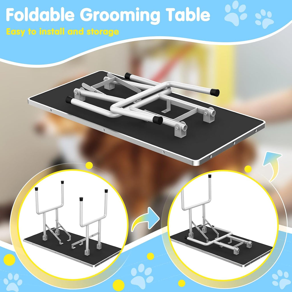 Lyromix 42''Large Dog Grooming Table, Adjustable Cat Drying Desktop with Arms, Nooses, Mesh Tray, Foldable Pet Station at Home, Maximum Capacity Up to 330Lb, 42inch, Blue