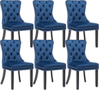 KCC Velvet Dining Chairs Set of 6, Upholstered High-end Tufted Dining Room Chair with Nailhead Back Ring Pull Trim Solid Wood Legs, Nikki Collection Modern Style for Kitchen, Blue