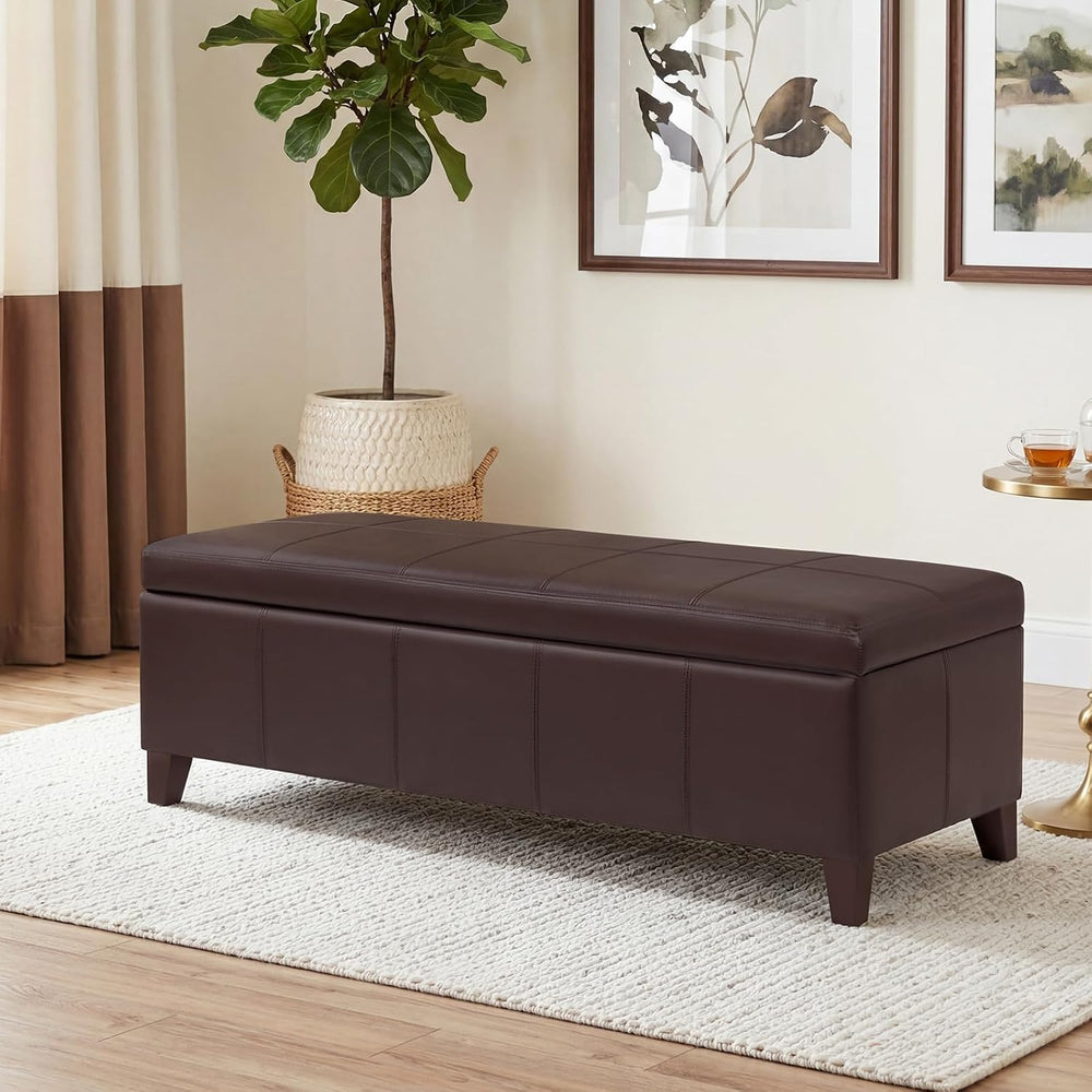 51" Coffee Brown Faux Leather Storage Ottoman | Foot Rest with Hinged Li...