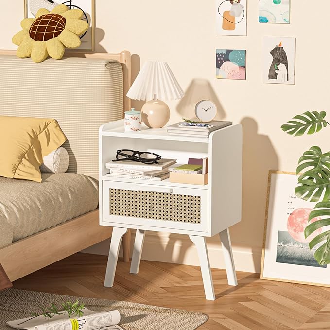 Lerliuo Rattan Nightstands Set of 2, Bedside Table with Drawer Open Shelf, Ca...