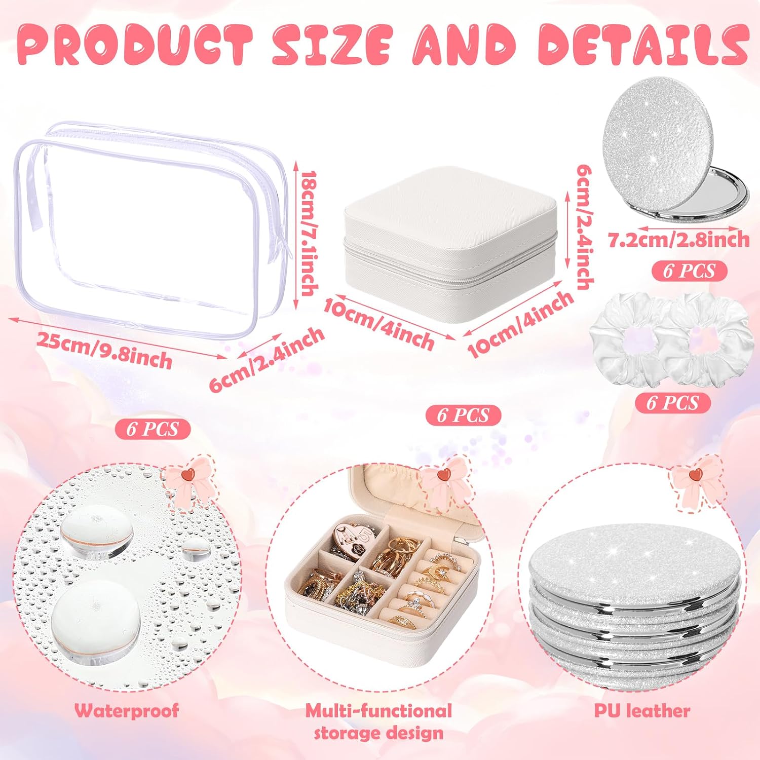 Yalikop 24 Pcs Spa Party Favor 6 Jewelry Boxes 6 Scrunchies 6 Glitter Mirrors 6 Bag Gift for Bridesmaid Bridal Bachelorette Party (White)