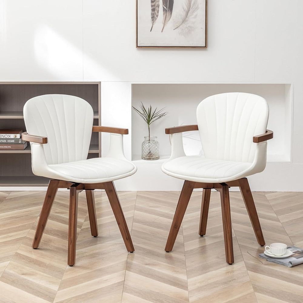 LUNLING Swivel Dining Chairs, Mid Century Modern White Faux Leather Kitchen C...