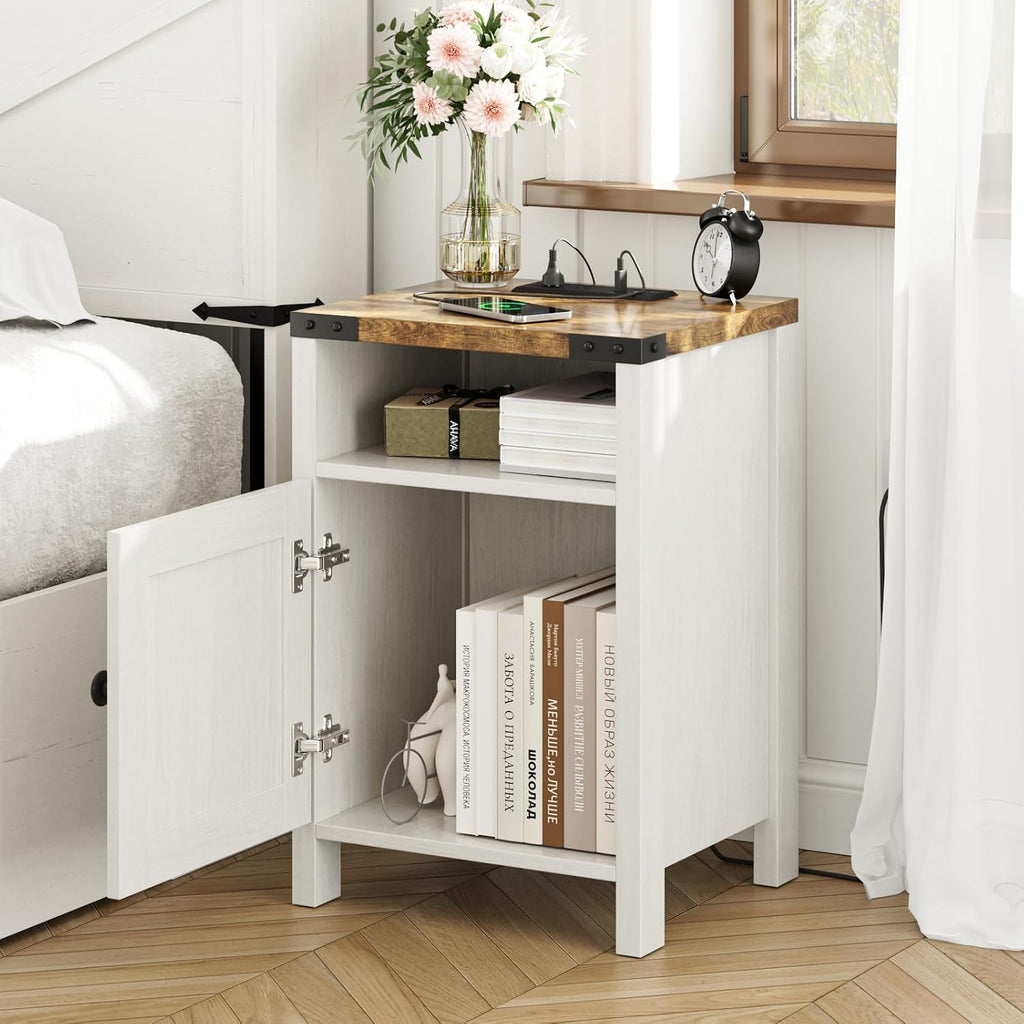 Fameill Farmhouse End Tables with Charging Station, Modern White | Nightstand with Barn Door and Shelf, Rustic Living Room Bedroom Side Table
