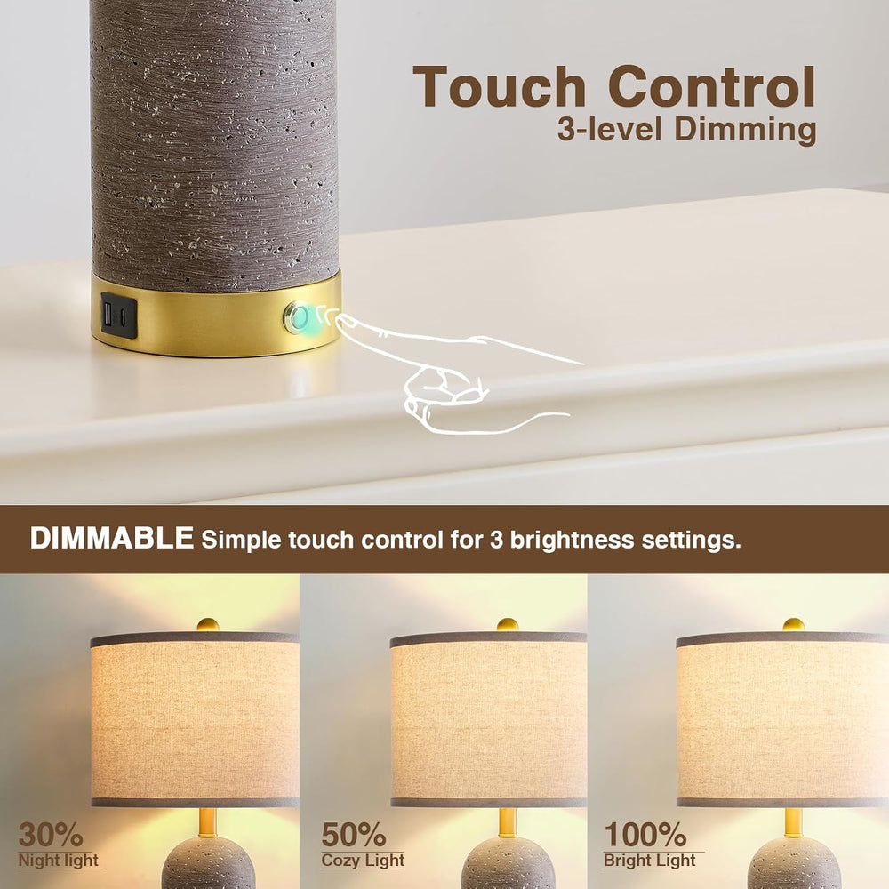 RORIA 25" Set of 2 Touch Farmhouse Table Lamps for Bedroom with USB C+A