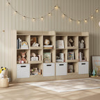 Housoul Kids Bookshelf, Toy Storage Organizer with Fabric Drawers, Natural | Bookshelf with 9 cube, 3-tier freestanding wooden open shelf bookshelf, modern kids display bookcase for living room, office