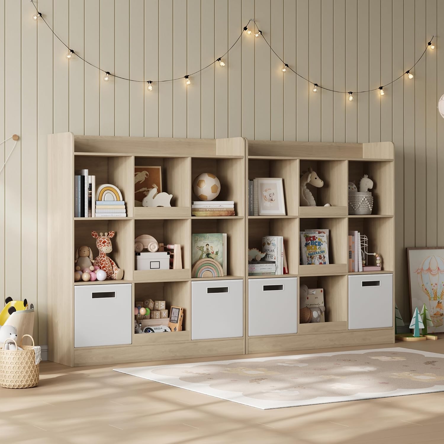 Housoul Kids Bookshelf, Toy Storage Organizer with Fabric Drawers, Natural | Bookshelf with 9 cube, 3-tier freestanding wooden open shelf bookshelf, modern kids display bookcase for living room, office