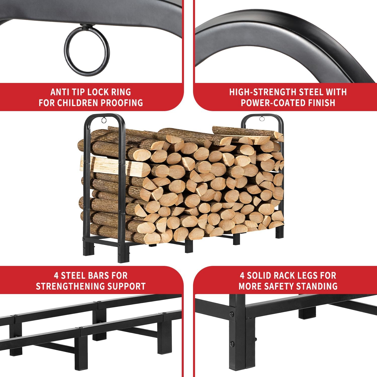 4FT Firewood Rack Outdoor with Cover, Heavy Duty Adjustable Firewood log Storage & Holder, Wood Pile Lumber Storage Rack Stacking Outside for Courtyard Patio.