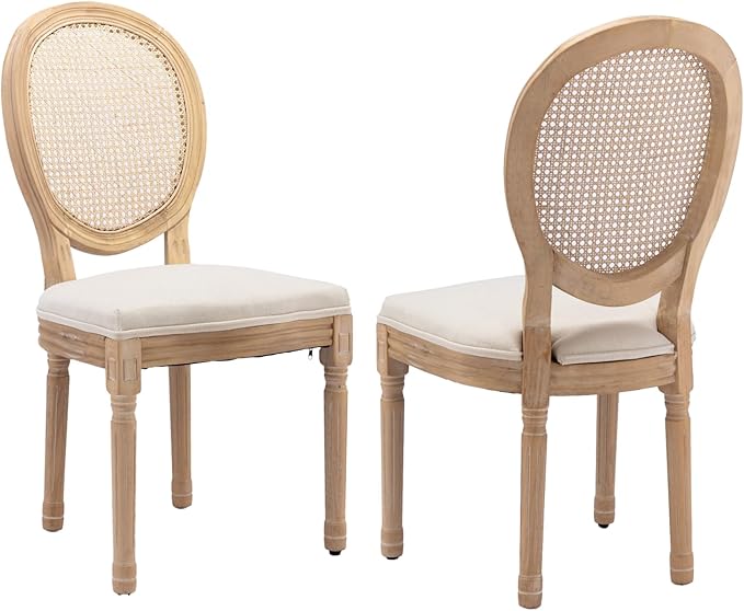French Country Dining Chairs Set of 2,Farmhouse Upholstered Dining Room Chairs with Round Back and Solid Leg,Rattan Kitchen Chairs for Kitchen/Bedroom/Dining Room,Beige