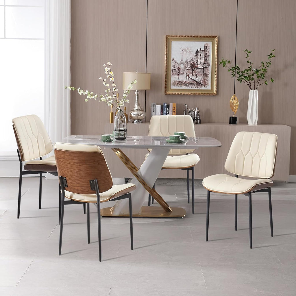 Mid Century Walnut Bentwood Armless Kitchen Dining Chairs Set of 4, Beige | PU leather seat with curved walnut bentwood back & metal legs, armless design, ideal for dining room, kitchen, or cafeteria