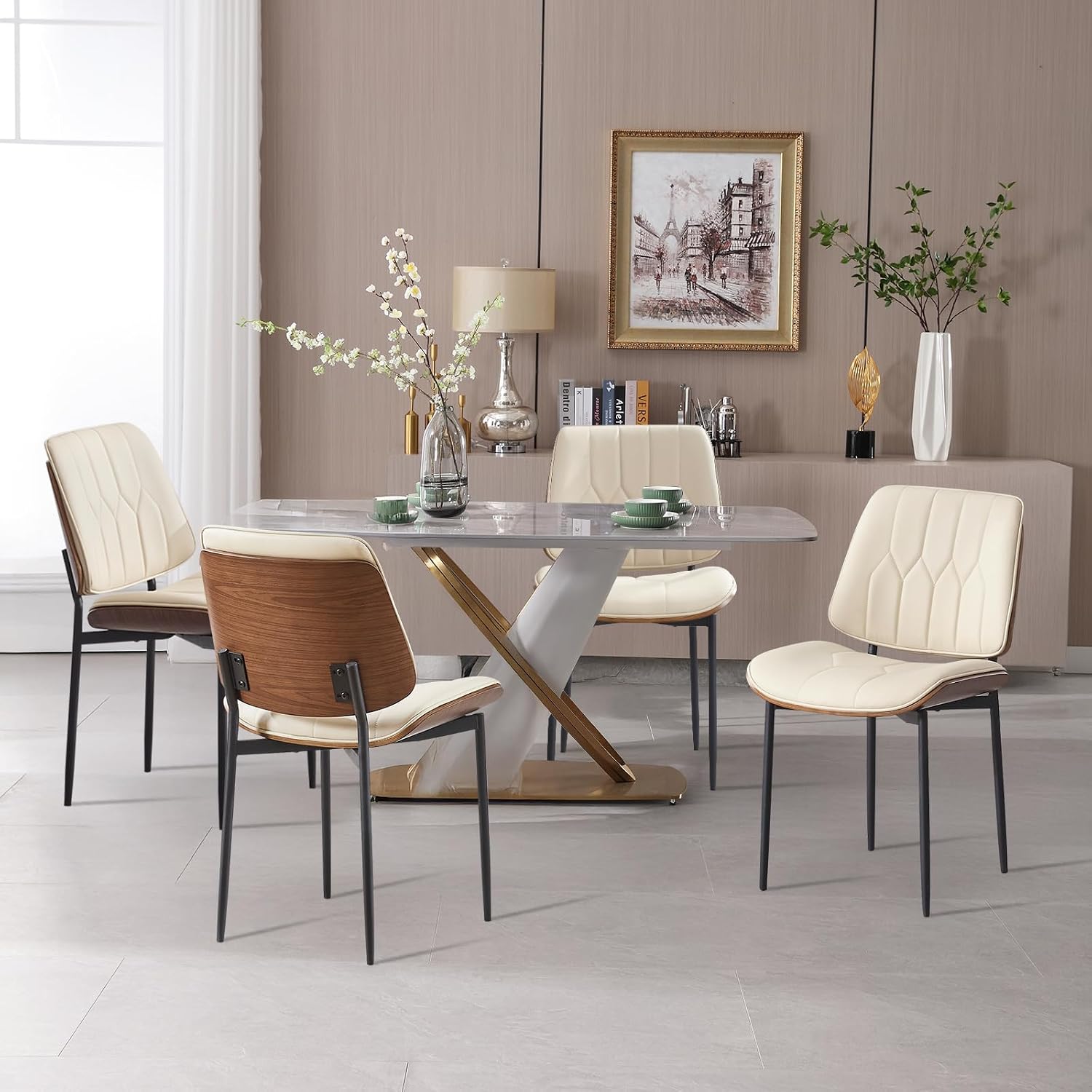 Mid Century Walnut Bentwood Armless Kitchen Dining Chairs Set of 4, Beige | PU leather seat with curved walnut bentwood back & metal legs, armless design, ideal for dining room, kitchen, or cafeteria