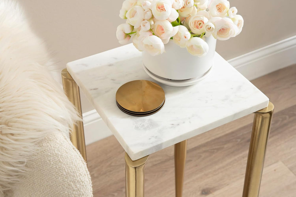 Kate and Laurel Lemaire Modern Square Marble Drink Table, 12 x 12 x 24, White...