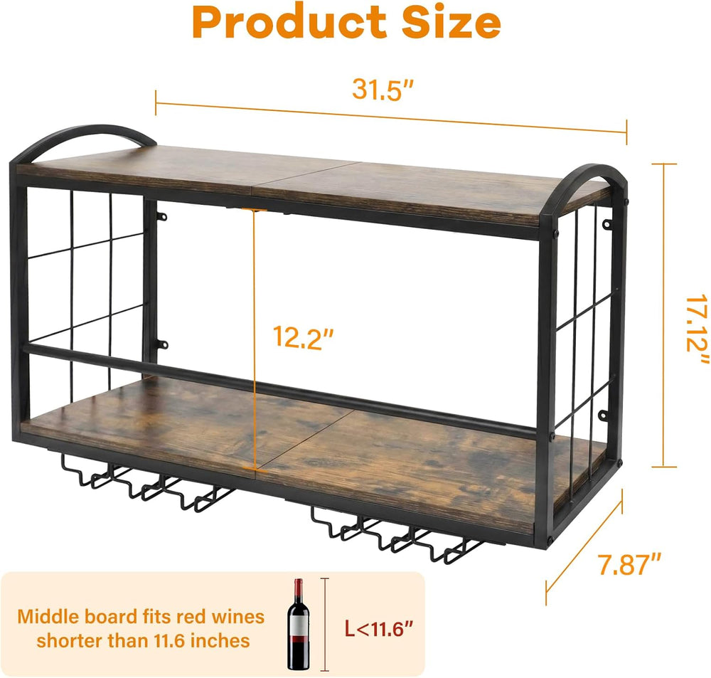 Wall Mounted Wine Rack, Floating Bar Shelf with 2 Tier Wood Shelves and Wine ...