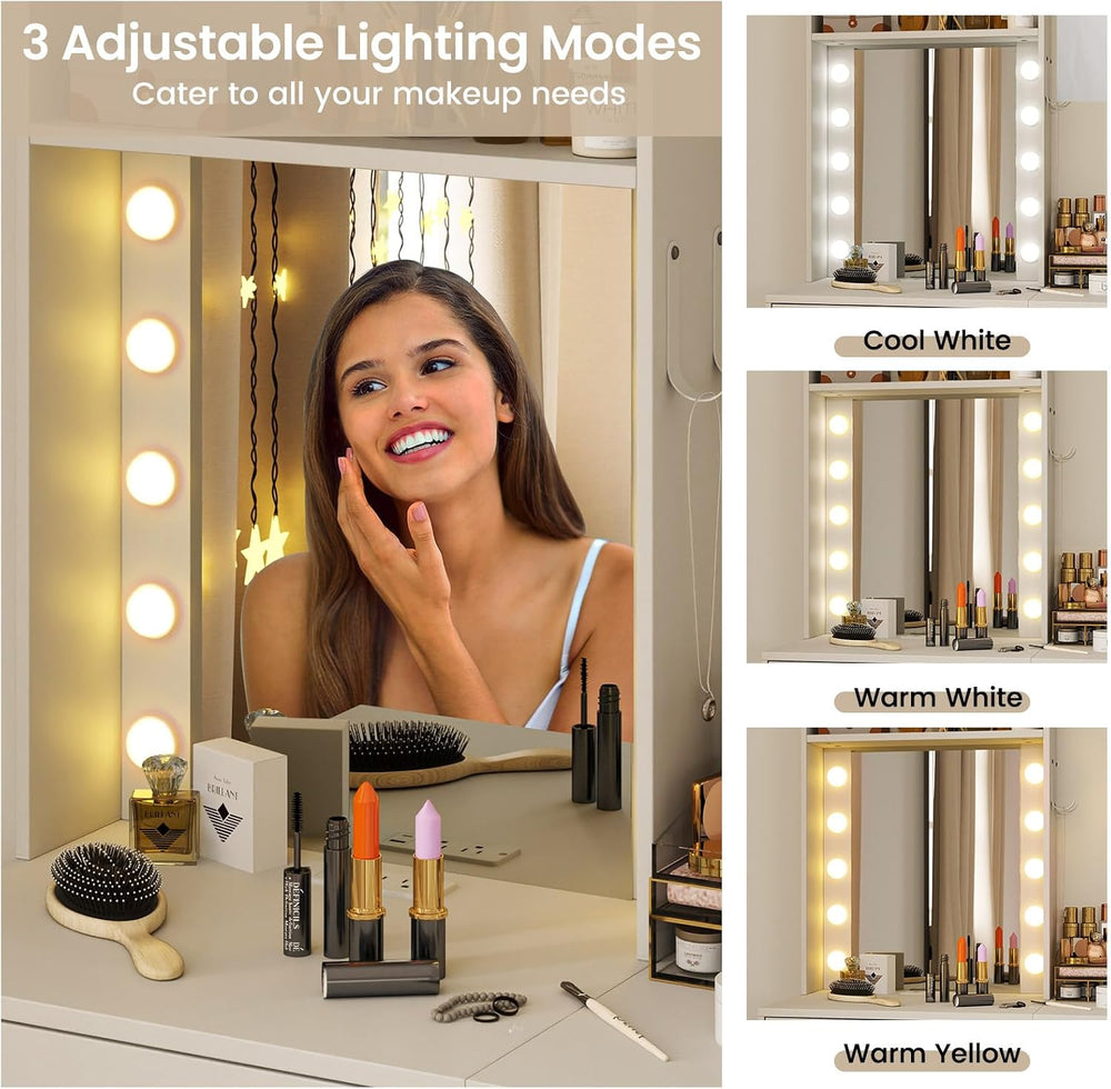 COSTWAY Vanity Desk with Mirror and Lights, Narrow Dressing Table with Foldab...