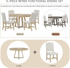 5 Pieces Dining Table Set with 42" Table,Living Room Furniture W/ 4 Upholstered Chairs,Tabletop Can be Adjusted from Round to Oval in Shape,for Restaurant,Home Bistro,Natural