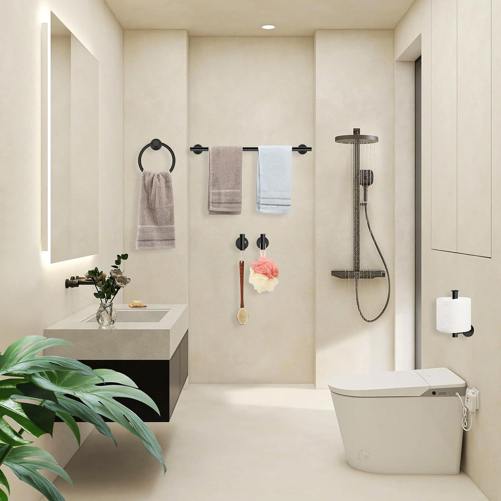 5pcs Matte Black Bathroom Accessories Set, 24 inch Towel Bar