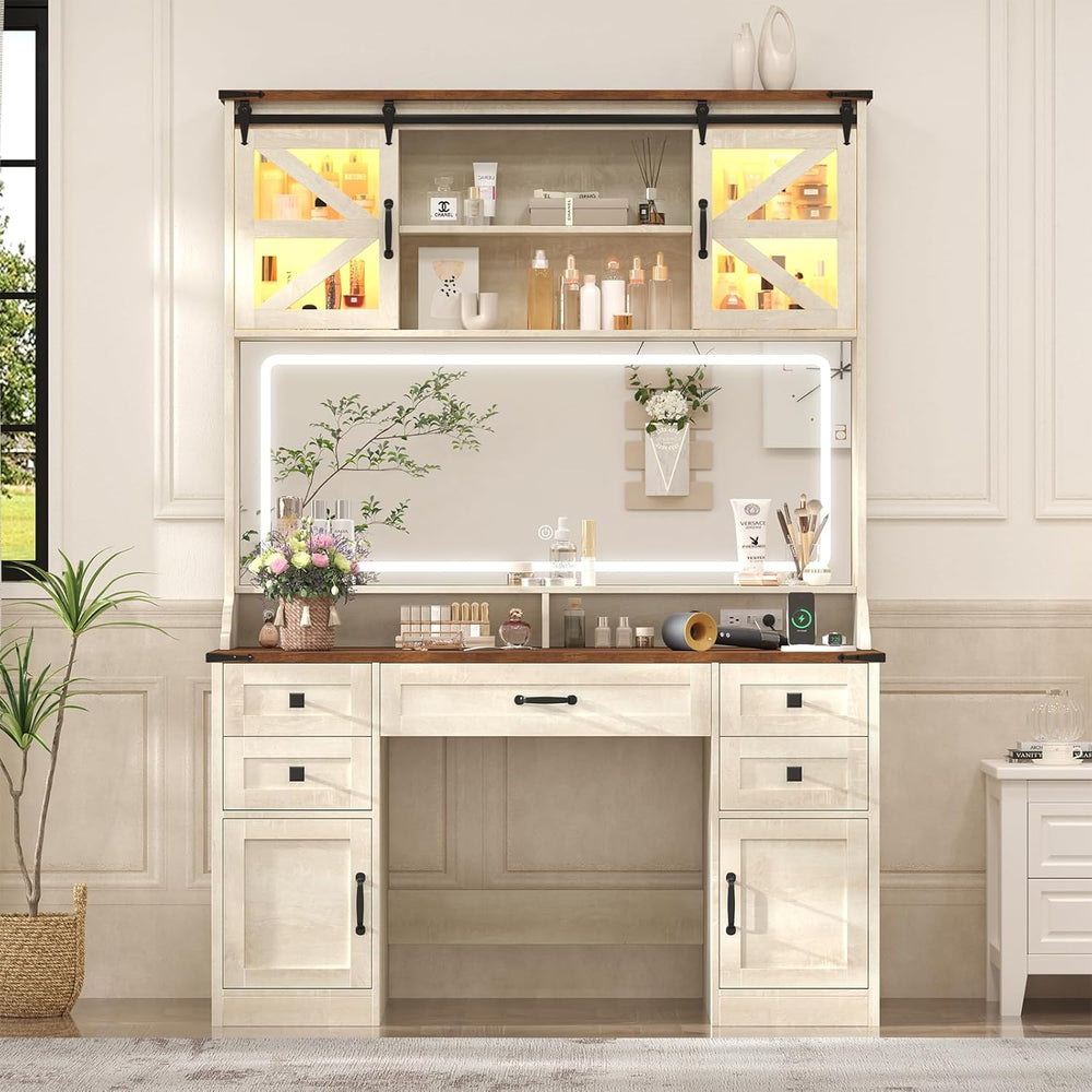 75.2" Farmhouse Makeup Vanity Desk with Large Mirror & Sliding RGB C...