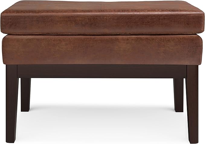 SIMPLIHOME Carlson Ottoman Bench Solid Pine Wood Frame with Faux Leather Upholstery for Living Room, Bedroom, Entryway, 26.4 x 15 x 17.5 inches, Distressed Saddle Brown