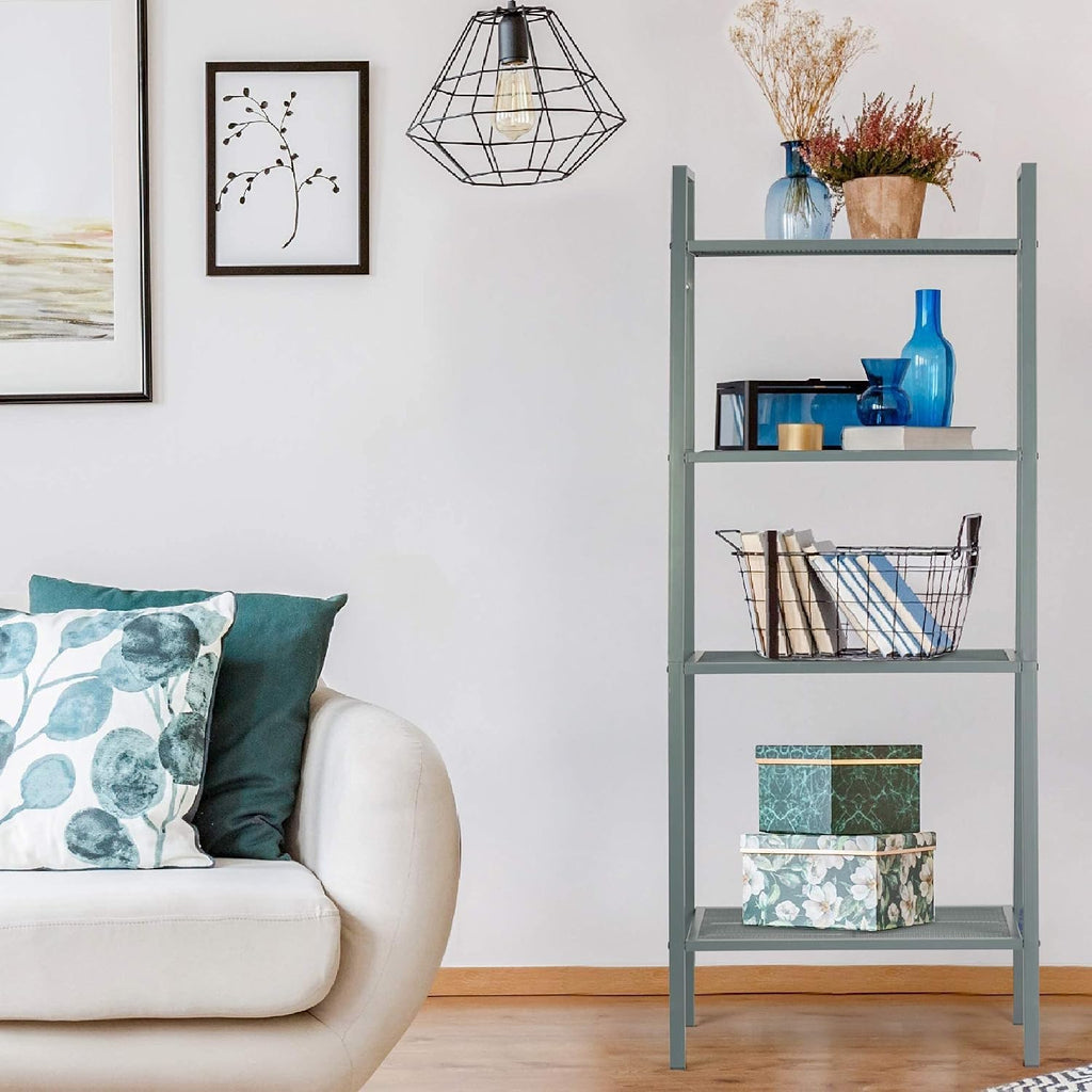 4-Tier Metal Ladder Shelf, Lightweight Bookcase Storage Rack with Open Shelves, Multi-Purpose Display Stand for Plants, Books, Photos and Decor, Gray