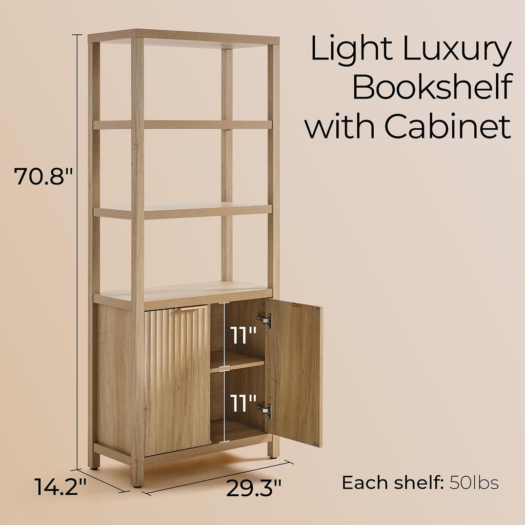 OAKHAM HOME 71" Tall Fluted Bookshelf with Cabinet, 5-Tier Large Bookcase with Adjustable Shelves and Doors, Storage Book Shelf for Living Room, Bedroom, Office (Golded Oak, 1PCS) | 5-Tier Large Bookcase,Adjustable Shelves,for Living Room, Bedroom, Office