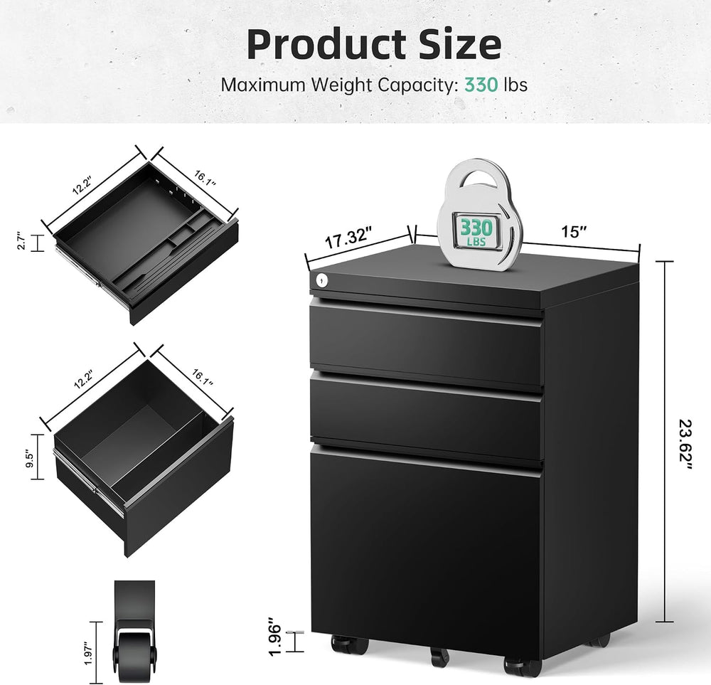 Bonusall 3 Drawer File Cabinet with Lock, Small Under Desk Filing Cabinet for...