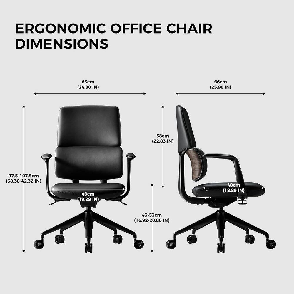 TOMU Genuine Leather Office Desk Chair, Ergonomic Leather Office Chair Mid Ba...