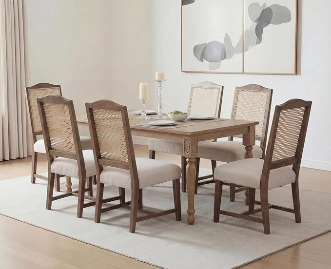 EALSON Rattan Dining Chairs Set of 6 Linen Upholstered Dining Room Chairs with Cane Back Mid Century Modern Kitchen Chairs Natural Wood Frame Side Chairs for Dining Room, Beige