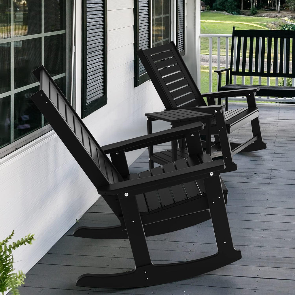 GREENVINES Outdoor Rocking Chairs | Set of 2 | Porch Rocker | HDPE Plastic | Black | Oversized Rockers | High Back | Big & Tall | Ladder Back | for Patio Outside Backyard Balcony