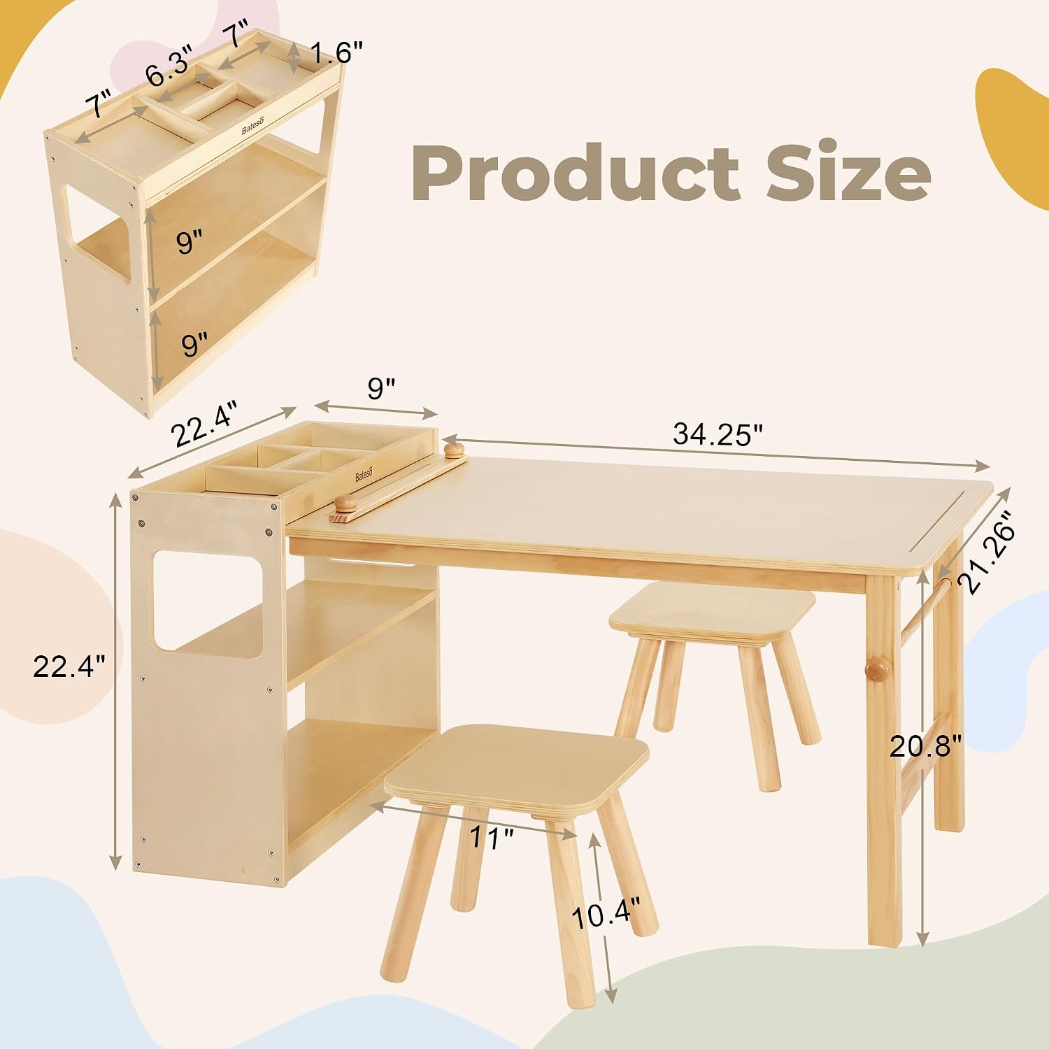 Bateso Kids Art Table and 2 Chairs Set with Roll Paper & Storage, Wooden Kid Craft Table for Drawing, Learning and Reading, Toddler Activity Play Desk for Home, Playroom or Classroom