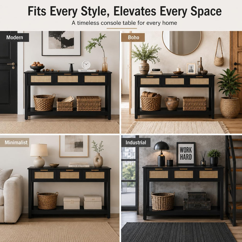 Luoxiao Rattan Console Table 3-Drawer 47" Narrow Black Entryway Sofa Tab...