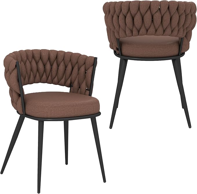 KCC Fabric Dining Chairs Set of 2, Modern Dining Chair with Metal Legs, Woven Upholstered Dining Chairs for Dining Room, Kitchen, Vanity, Living Room (Brown)