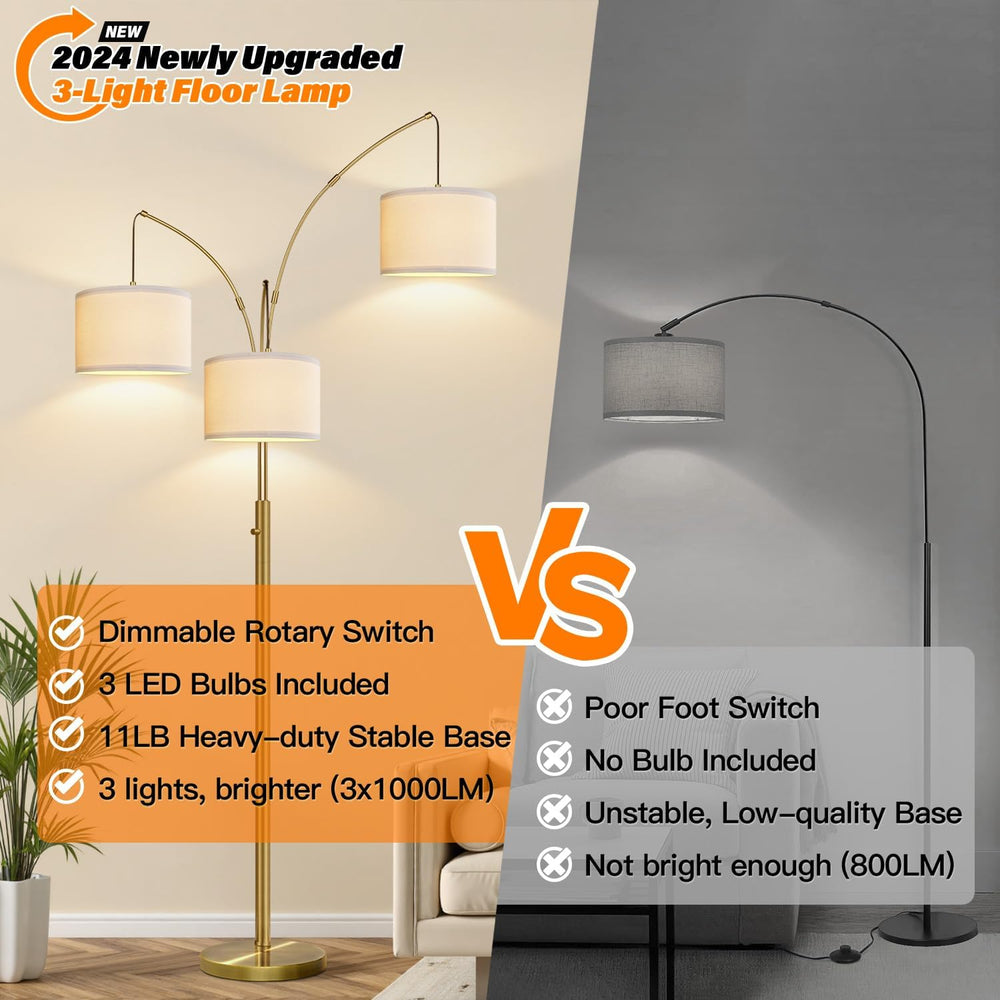 Nintiue Dimmable Floor Lamp - 3 Lights Brass Arc Floor Lamps for Living Room,...